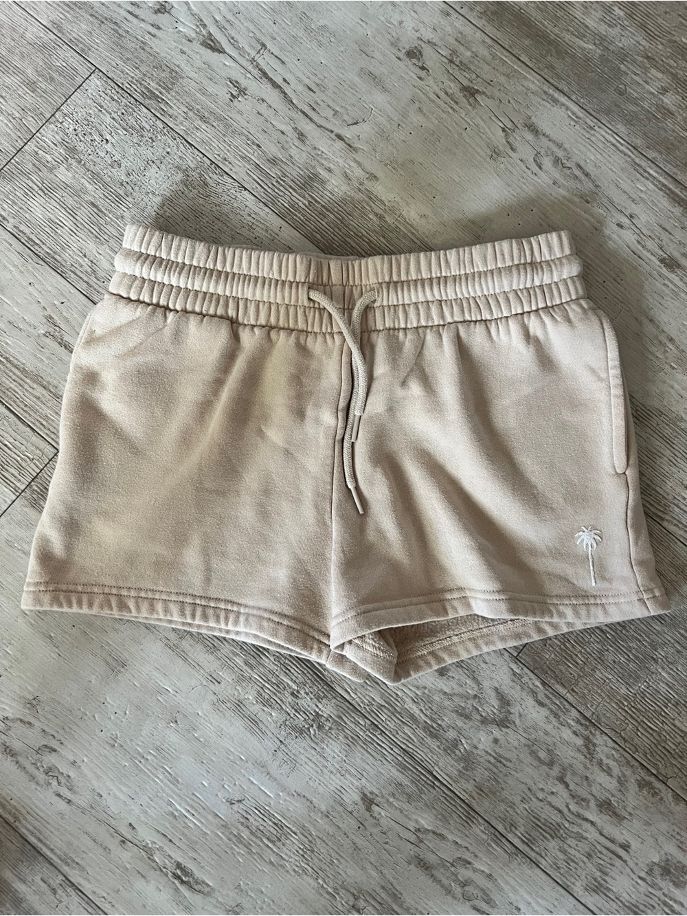 Rosio Cream Tan Khaki Mocha Drawstring Fleece Athletic Shorts with pockets